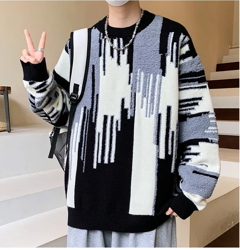 Men's Winter New Fashion Loose Spell Color Round Neck Pullover Sweater, Young Man Korean Version Casual Long Sleeve Knit Sweater