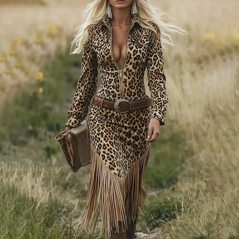 

Western Retro Leopard Print Tassel Dresses Women Turn-down Collar Half Zipper Slim Hips Dress Fall Long Sleeve Fringe Hem Dress