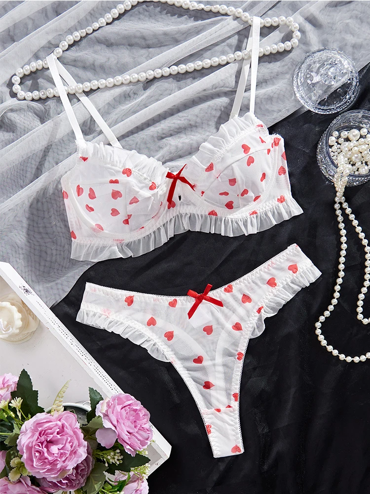 New Lingerie Sexy Woman Push Up Bra Set Love Print Mesh Underwear Romantic Ruffles Lingeries   Sexy Girl Intimate Sexy Outfits