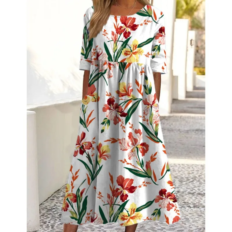 Spring Summer Dresses For Women 2024 New Floral Print Short Sleeve O-Neck Casual Loose Fashion Daily Streetwear Ladies Vestidos