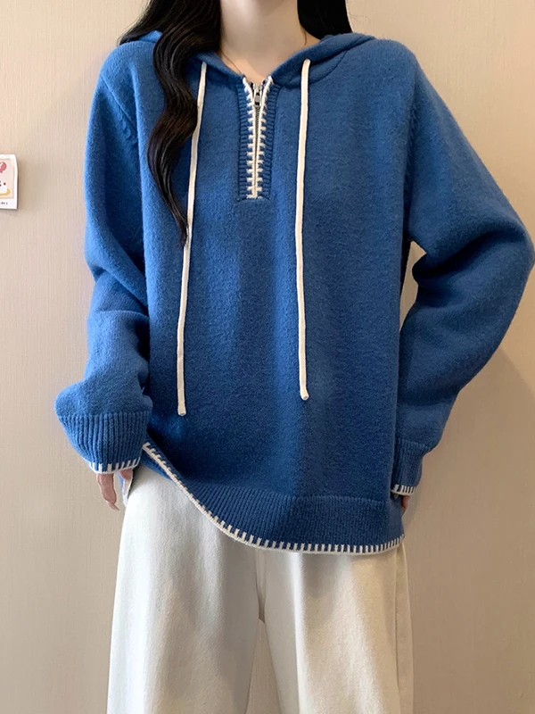 

plus Size Lazy Sle Casual Color Blo Hoodie Women's Autumn Winter New Loose Fit Knitted Top Slimming Versatile Knitwear