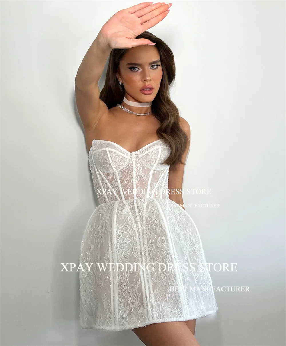 XPAY Sweetheart Lace Short Wedding Dress Fish Bone Sleeveless Backless Bridal Gowns vestidos de novia  Custom Mini Bride Dress