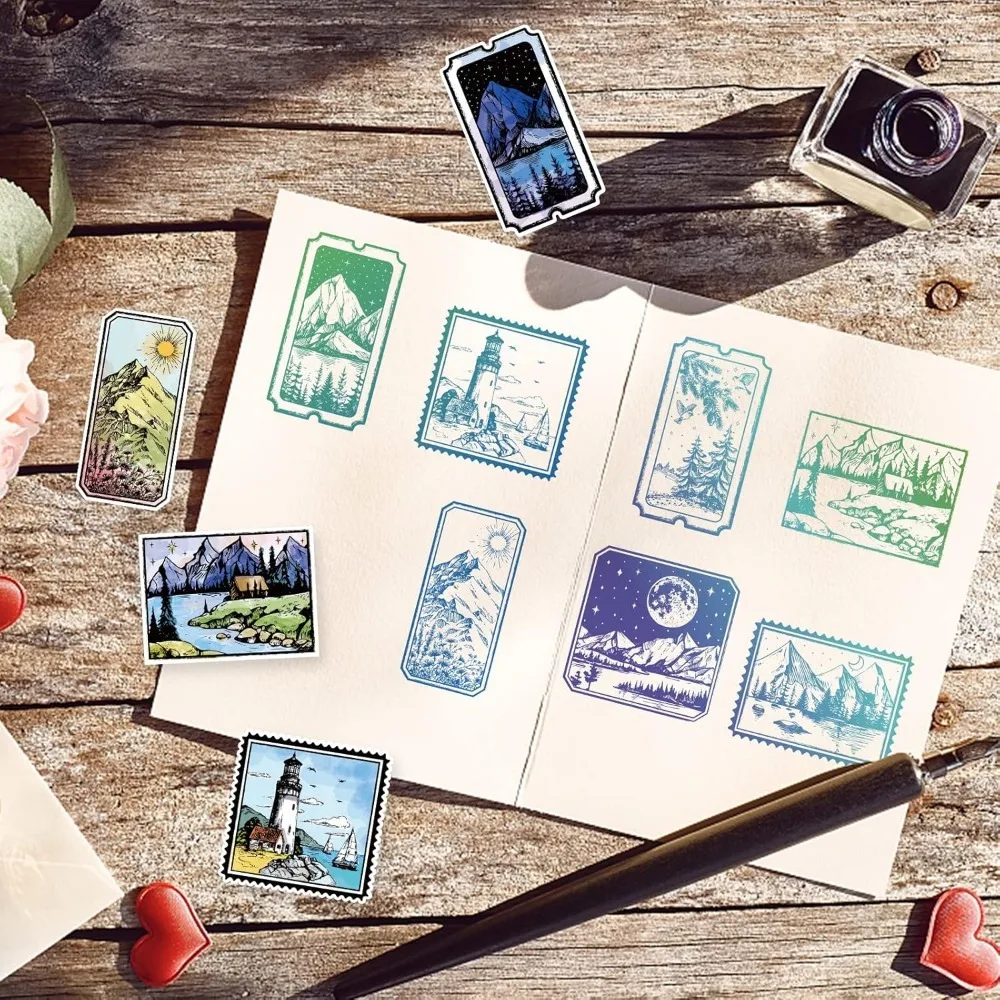 1pc Retro Landscape Clear Stamps for DIY Scrapbooking Vintage Lighthouse Mountain Forest Scenery Silicone Clear Stamp Seals