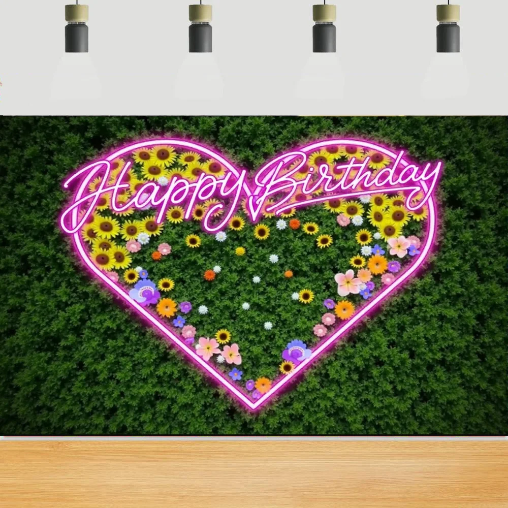 Neon Floral Pink Heart Theme Happy Birthday Cake Neon Glow in The Dark Party Photography Girl Background Wall Supplies 1.8x1.1m