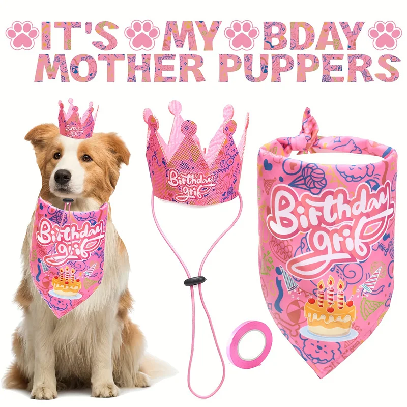 Dog Birthday Party Decoration Set Pet Triangle Scarf Cute Hat Dog Cat Accessory Birthday Supplies Pink Puppy Paw Themed