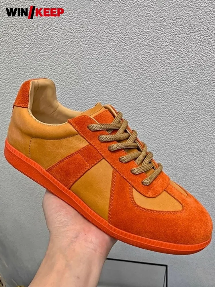 

Mens Running Sports Trainers Lace Up Mixed Colors Genuine Leather Platform Skateboard Shoes Comfortable Vintage Sneakers Male