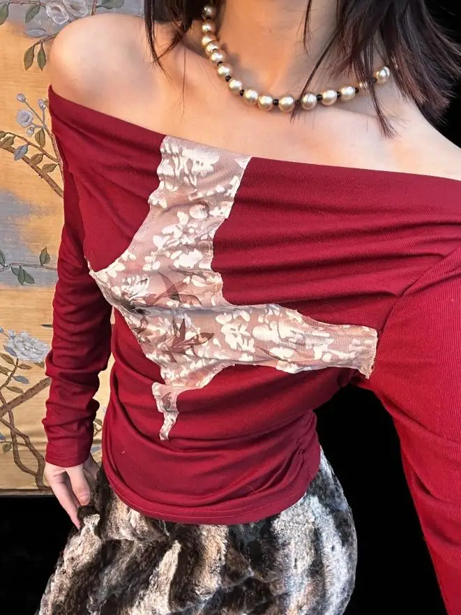 One-word Shoulder Swinging Neck Splicing Bottoming Shirt Pleated Red Top