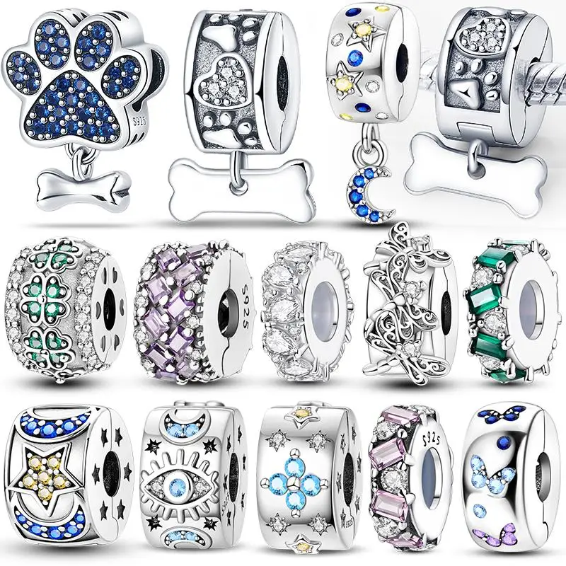 

Hot Silver Clips 925 Sterling Stars Moon Sun Daisy Clip Charms Butterfly Safety Chain Fit Original Bracelet DIY Jewelry