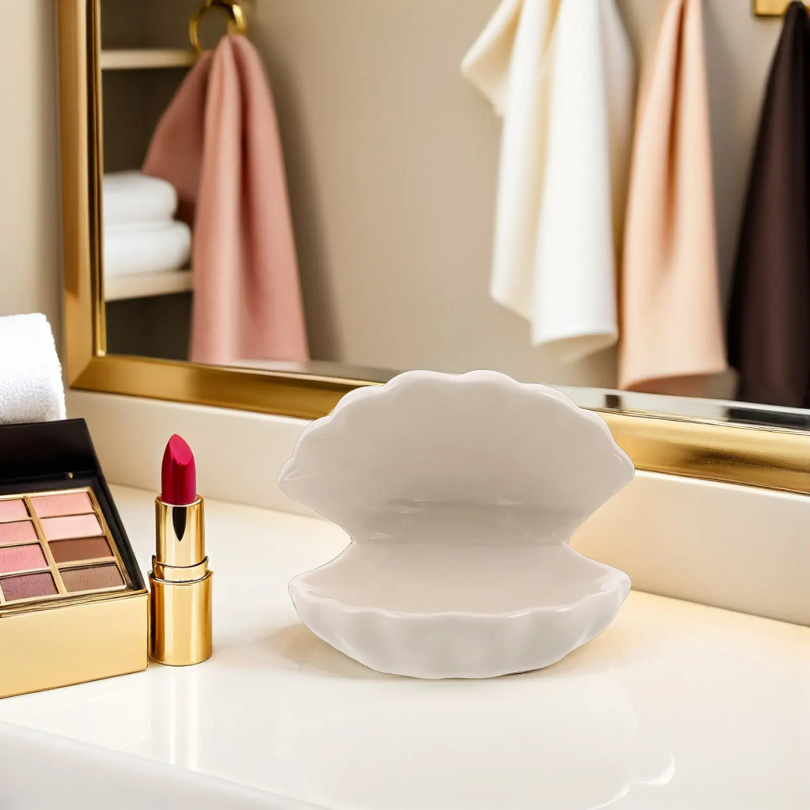 

Ceramic Shell Jewelry Dish Tray Clamshell Jewelry Holder Rings Earrings Necklace Coastal Vanity Organizer Bathroom Bedroom Decor