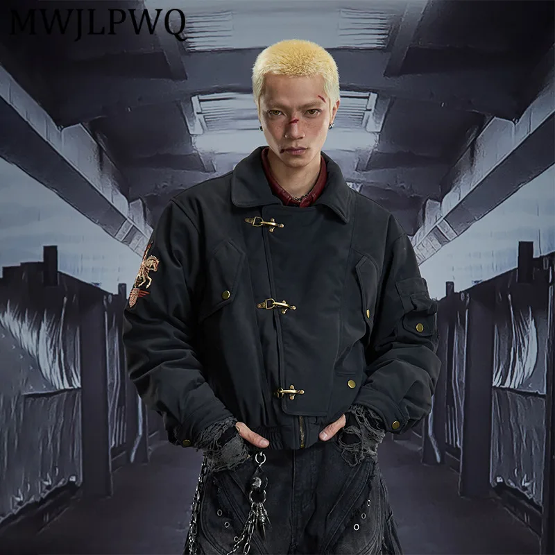 

MWJLPWQ текстура искусственная кожа с вышивкой дизайн стильные мягкие мужские уличные короткие свободные топы с отложным воротником и длинными рукавами 12978