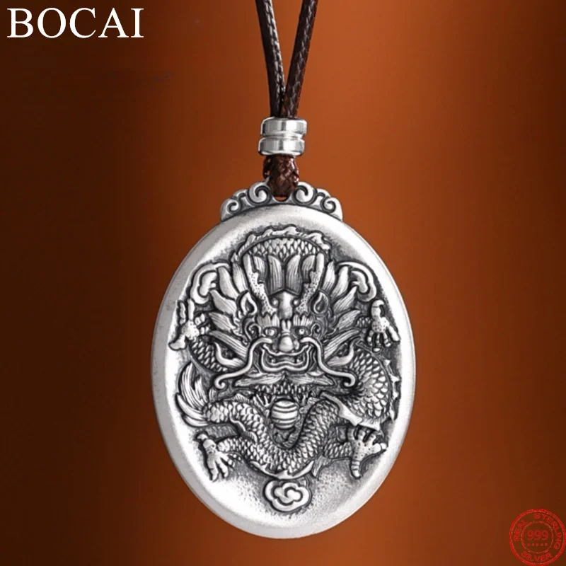 

BOCAI S999 Sterling Silver Pendants for Women Men New Fashion Oval Relief Flying Dragon Ethnic Style Amulet Free Shipping