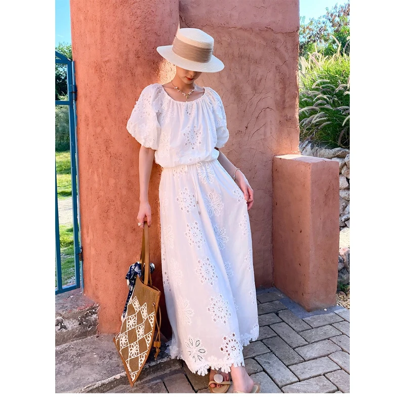 

Women's White Two-Piece Set, Floral Embroidered Skirt & Blouse Outfit