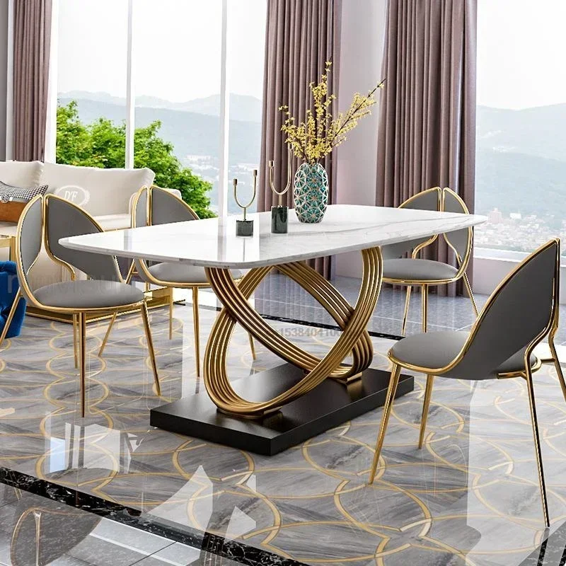 Modern Luxury Dining Table Stainless Steel Black White Desk Top For Six People Home Rectangle Muebles De Cocina Marble Kitchen