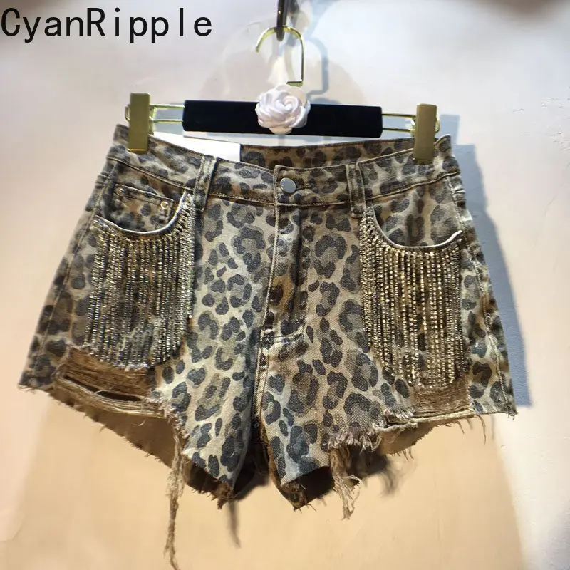 Shorts Vaqueros Cortos de Mezclilla para Mujer, Estampado de Leopardo, Estilo Americano, Primavera Verano, Cintura Alta, con Diamantes y Borlas, Estilo A-line