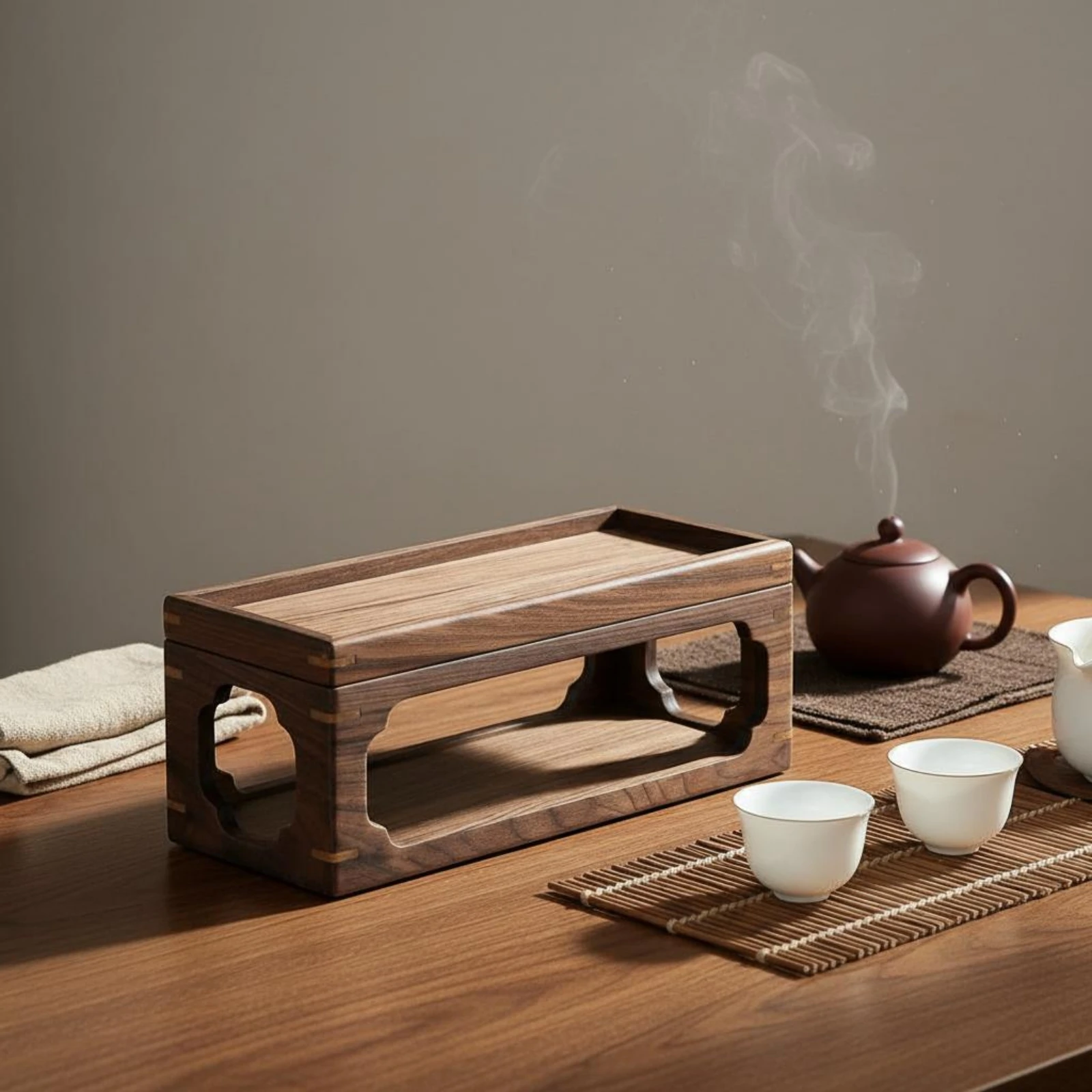 

Walnut Wood Tea Rack Traditional Design Desktop Tea Shelf Display Stand Elegant