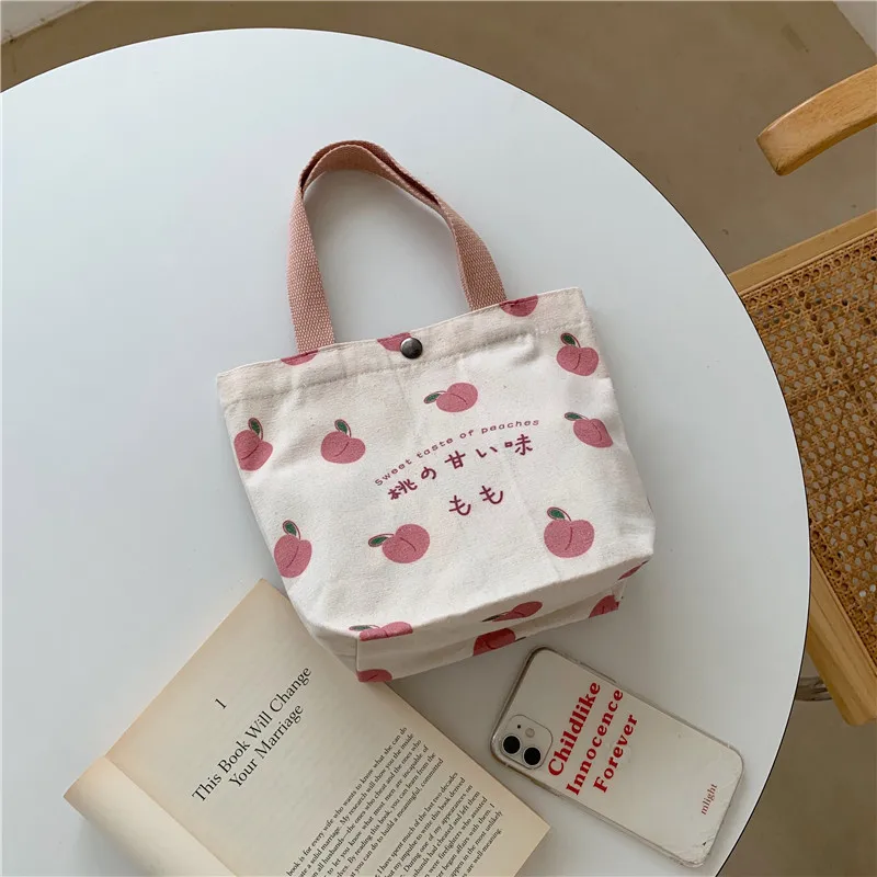 Small Canvas Women Tote Food Bag Japanese Peach Hand Lunch Bag Korean Mini Student Handbags Cotton Cloth Picnic Travel Bento