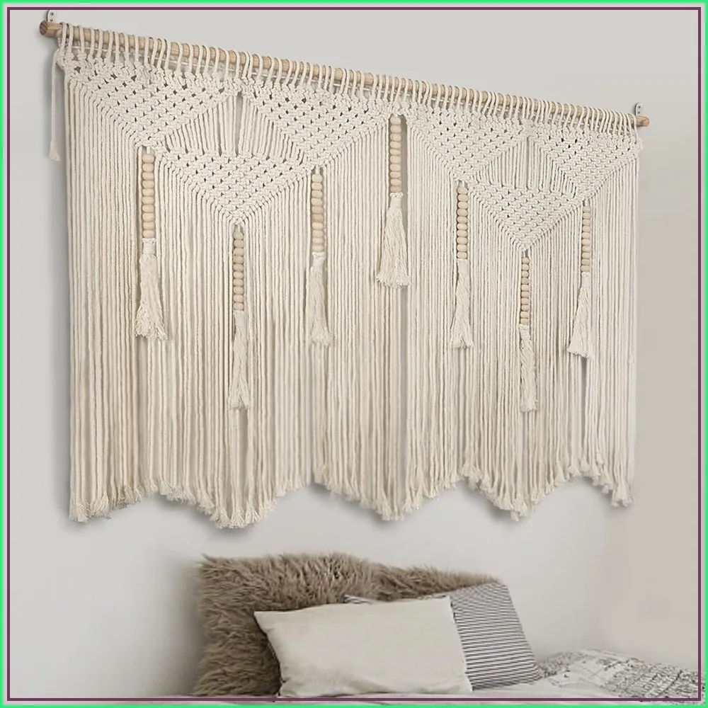 Large Macrame Wall Hanging 43.3" x 39.4" Boho Tapestry Woven Wall Decor Cotton Tassel Curtain Beige Chic Bohemian Art for Living Room Bedroom Dorm Wedding