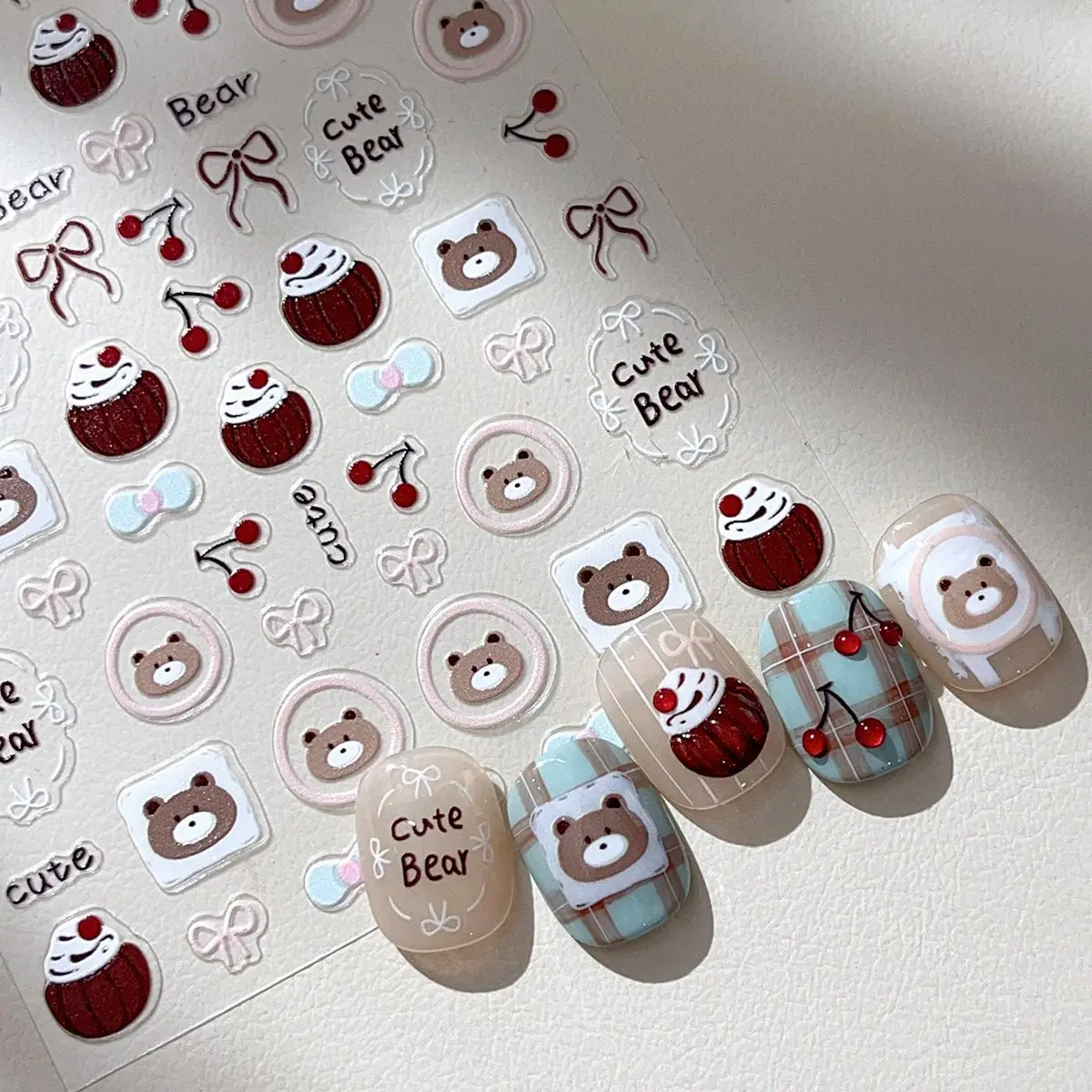 3D Embossed Line Art Cake Bear Cartoon Scrapbooking Stickers Cute Waterproof Self Adhesive for DIY Nail Art Water Bottle Decal