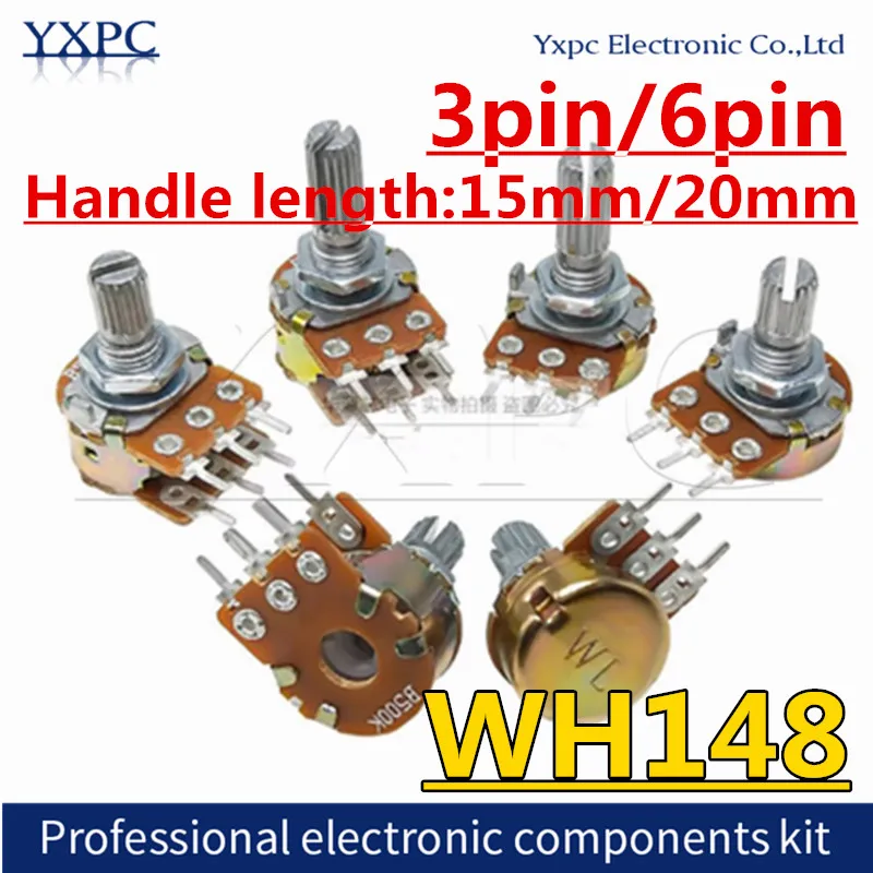 5PCS WH148 3Pin 6Pin 15mm 20mm Linear Potentiometer 5K 1K 2K 10K 20K 50K 100K 250K 500K 1M Potentiometers Resistor