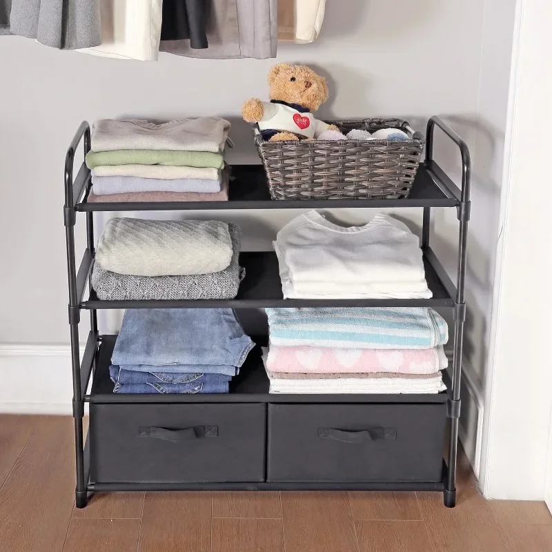 

Tool.NEW 4 Shelf Closet Organizer with 2 Bins, Black, Metal Frame, Adult and Child