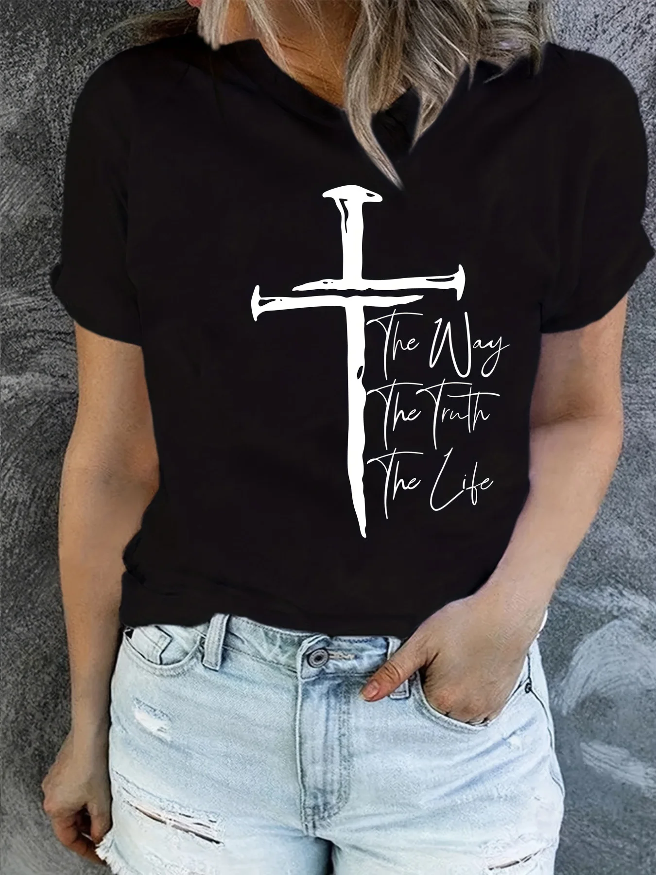 

Cotton 100% Christian Cross Print T-Shirt_ Short Sleeve Crew Ne Letter Printing Women Clothing Tops Harajuku