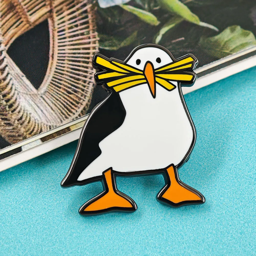Funny Puffin Eating French Fries Enamel Pin Cute Seagull Fast Food Brooch Creative Animal Bird Badges Lapel Pins for Backpacks J