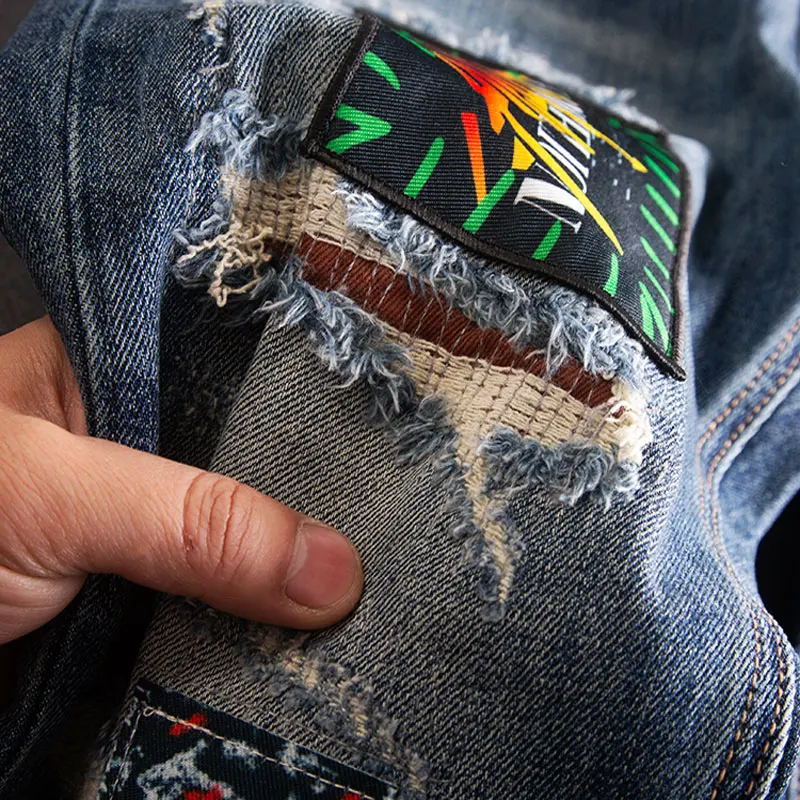 Street Fashion Men Jeans Retro Washed Blue Stretch Slim Fit Ripped Jeans Men Hole Patched Designer Hip Hop Denim Pants Hombre