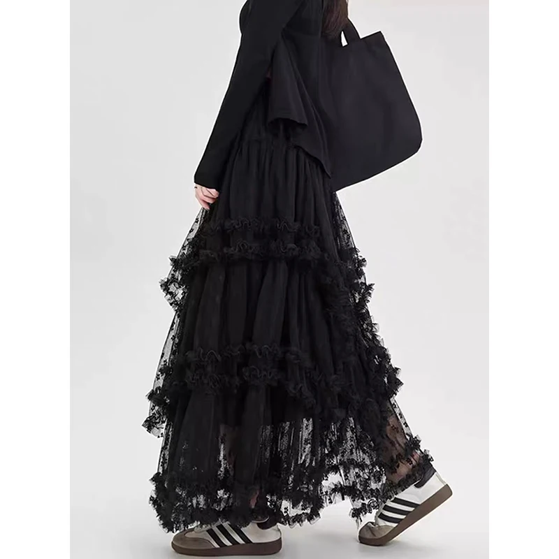 ZHIZOU Vintage Gothic Black Skirts Women Fairycore Grunge Lace Patchwork Trumpet Skirt Punk Streetwear Partywear Alt Skirts