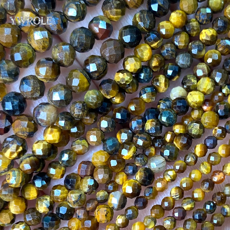 Faceted Round 2 3 4mm Natural Stone Tiger Eye Loose Spacer Beads for Jewelry Making Diy Bracelets Charms Accessories 15''