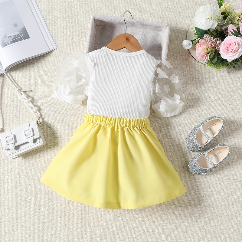 Toddler Baby Girl Summer Clothes Mesh Short Puff Sleeve Round Neck Tops with Tie-up Shorts Skirts 2Pcs Outfits