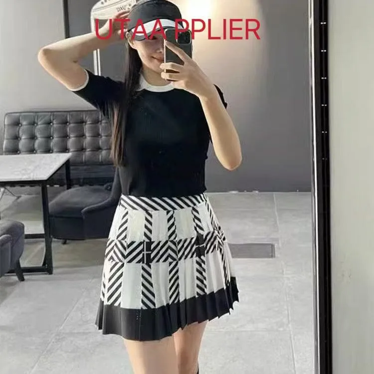 South Korea Golf Women's Dress Spring And Summer Outdoor Women's New Contrast Color Label Pleated Printed Skirt Skirt