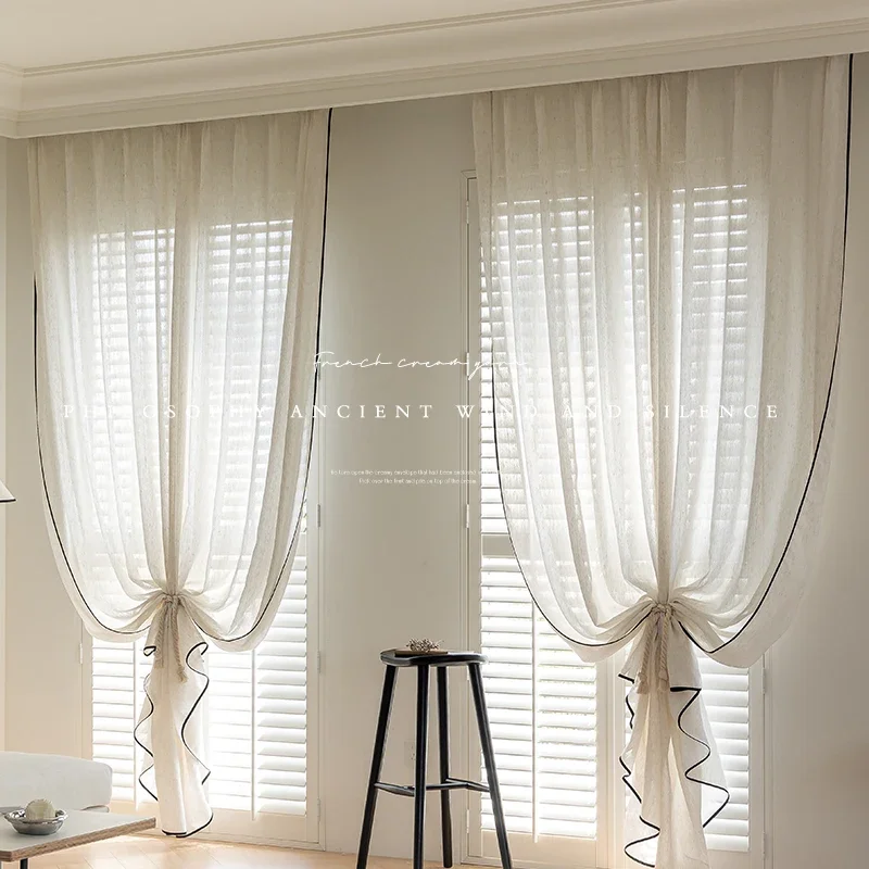 Japanese Modem Linen Tulle Log Style Warm Colors Simple Decor Curtains for Living Room Bedroom Dining Study Hall Custom Size