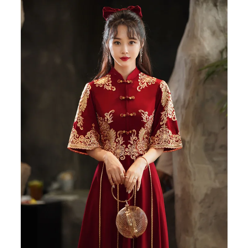 

Yourqipao Chinese Bridal Toasting Cheongsam Dress BurgundyTraditional Hanfu Dress Vintage Wedding Elegant Evening Party Dresses