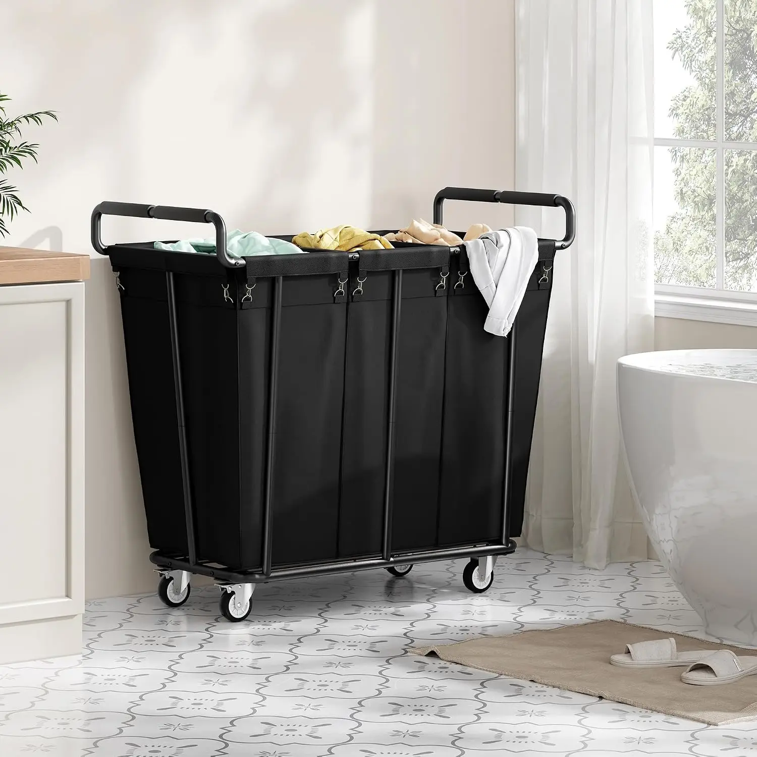 Three Hundred Sixty Liter Large Rolling Laundry Hamper Sorter Cart Three Removable Waterproof Bags Heavy Duty Dirty Clothes Basket Organizer For Laundry Room Bathroom Black