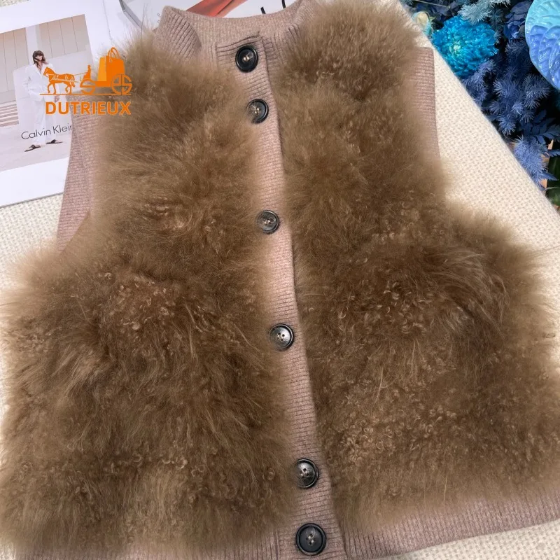 24 Winter New Fur Vest Women, Short Simple and Elegant Cashmere Fur Stitching Cashmere Knitted Fur Vest Jacket Coat Women Party