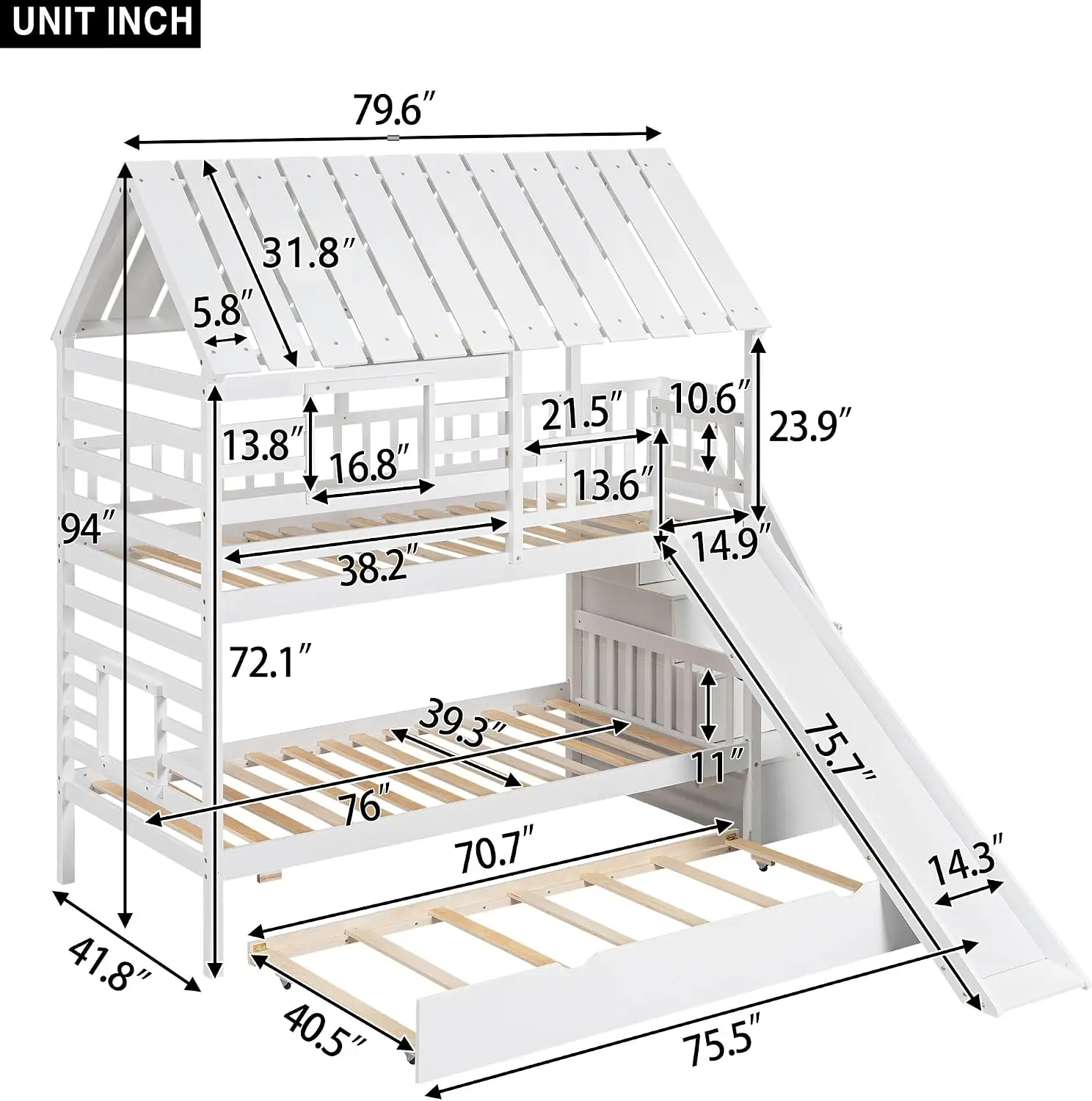 MERITLINE House Bunk Bed with Trundle and Slide, Wood Twin Over Twin Bunk Bed with Staircase and Roof for Kids Boys Girls, No Bo