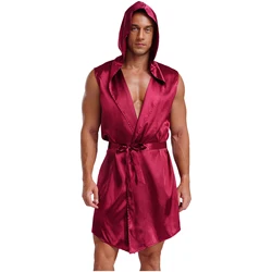 Mens Satin Robe Silky Bathrobe Sleepwear Luxurious Pyjama Set Hooded Nightgown with Belt Homewear Sleepwear Pajamas Tops Suit