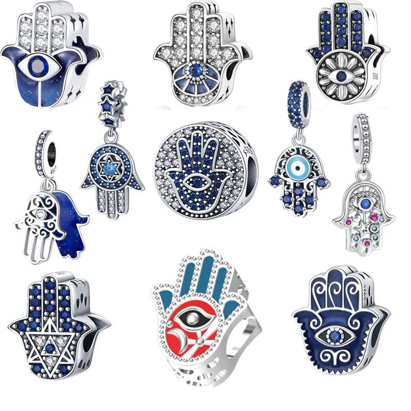 

New 925 Sterling Silver Blue Zircon Palm Demon Evil Eye Pendant Fine Beads Fit Original Pandora Charms Bracelet DIY Jewelry