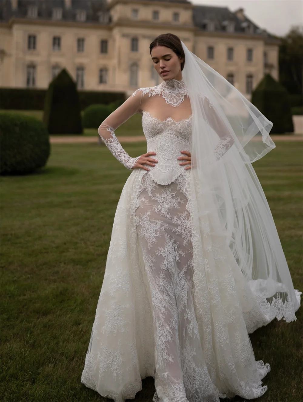 Tóquio personalizado branco alto necklink vestidos de casamento mangas compridas tribunal trem vestidos de noiva 2025 elegante sereia vestidos de casamento