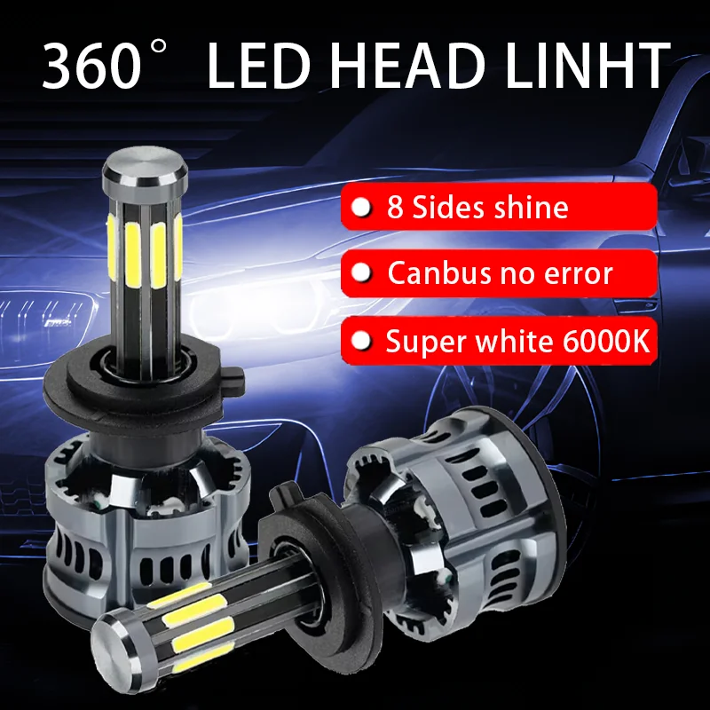 GICOO 360 LED Headlight Car Light Bulbs H4 H7 H11 8 sides 300W High Power HB3 9005 HB4 9006 H13 9007 Canbus Headlamp