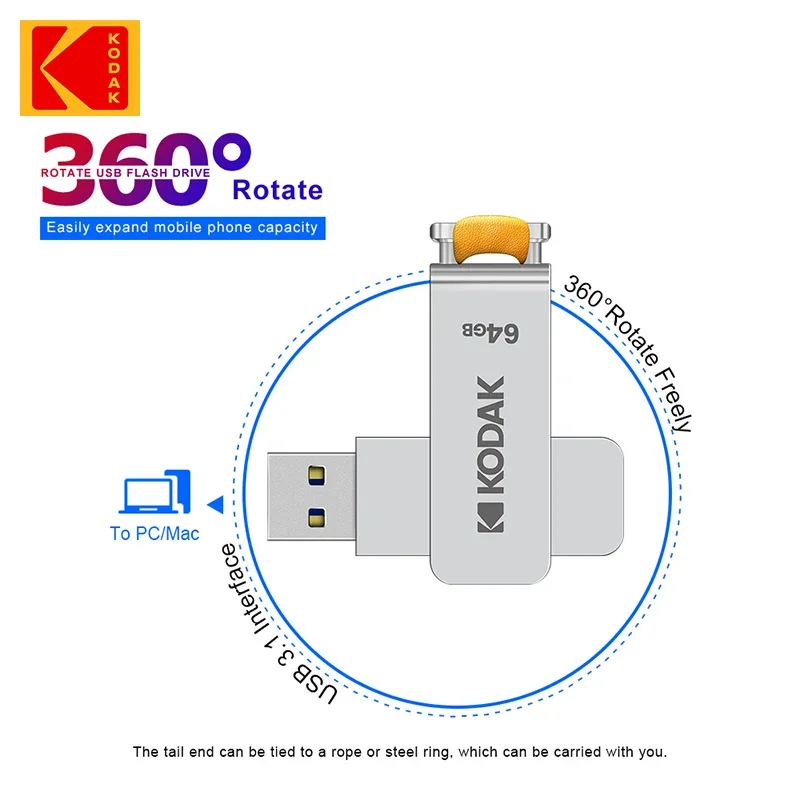 Kodak USB3.1 Flash Drive 256GB 64GB 128GB High Speed Metal Memory Stick Unidad Flash for Laptop Desktop PC