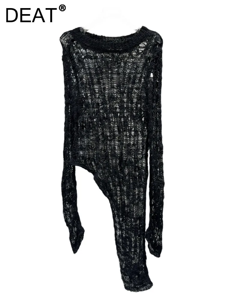 DEAT Women\'s Pullover Knitted Loose Hollow Out Solid Color Diagonal Design Broken Holes Sweater 2024 Autumn New Fashion 29L8244