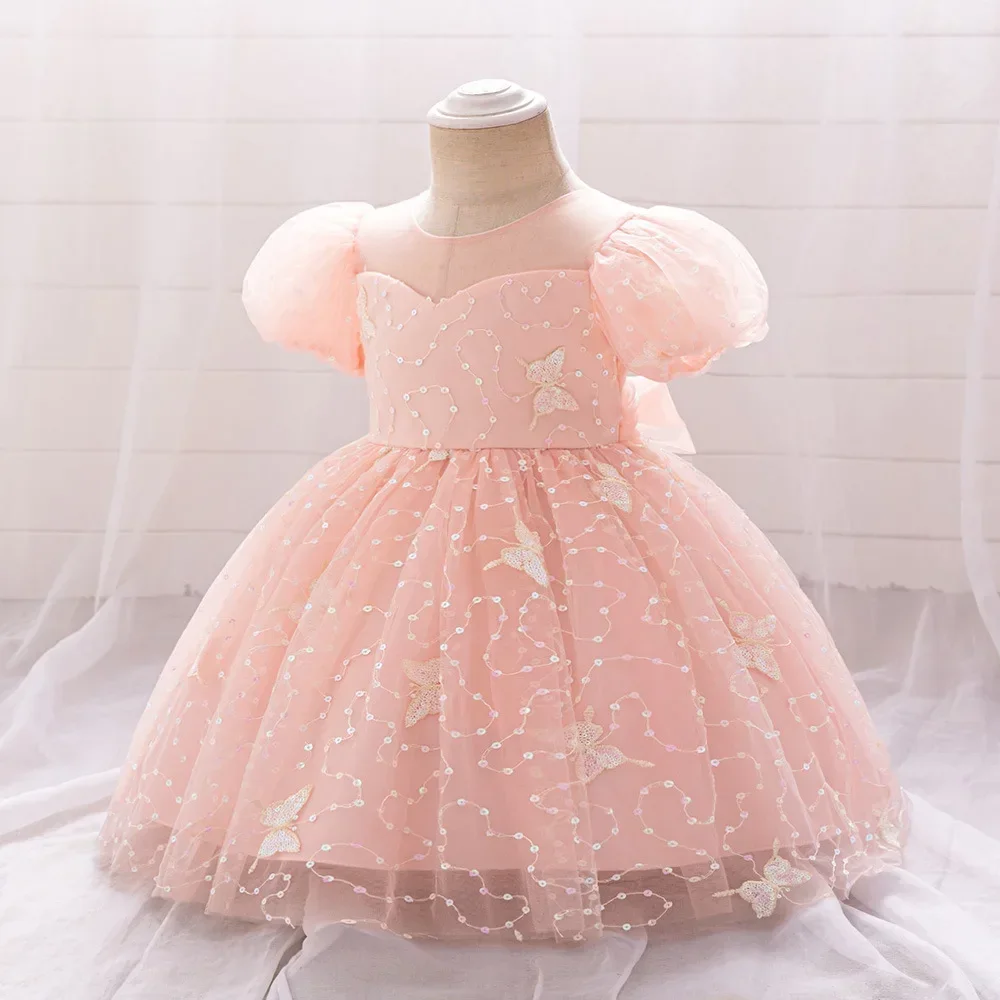 Summer Pink Butterfly Girl Party Dress for Baby Tulle 1st Birthday Princess Prom Gown Toddler Sequin Tutu Kids Clothing Costumes