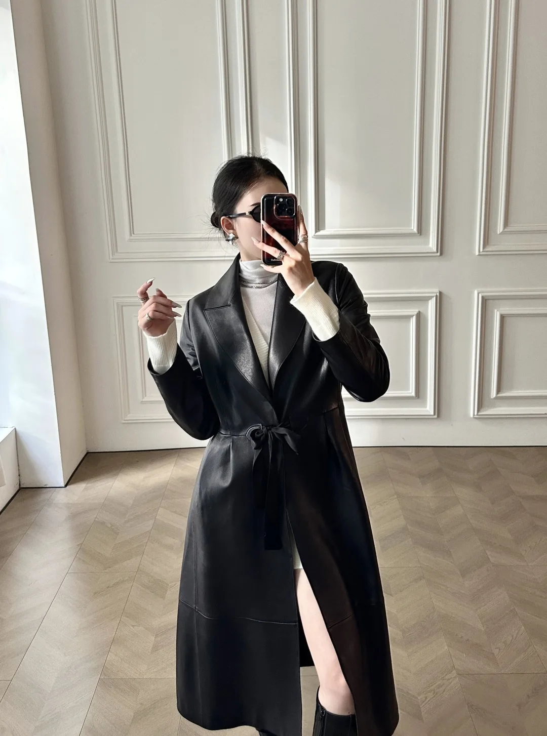 Women's High-Quality New Black Long Faux Leather Coat with BeltNO.39