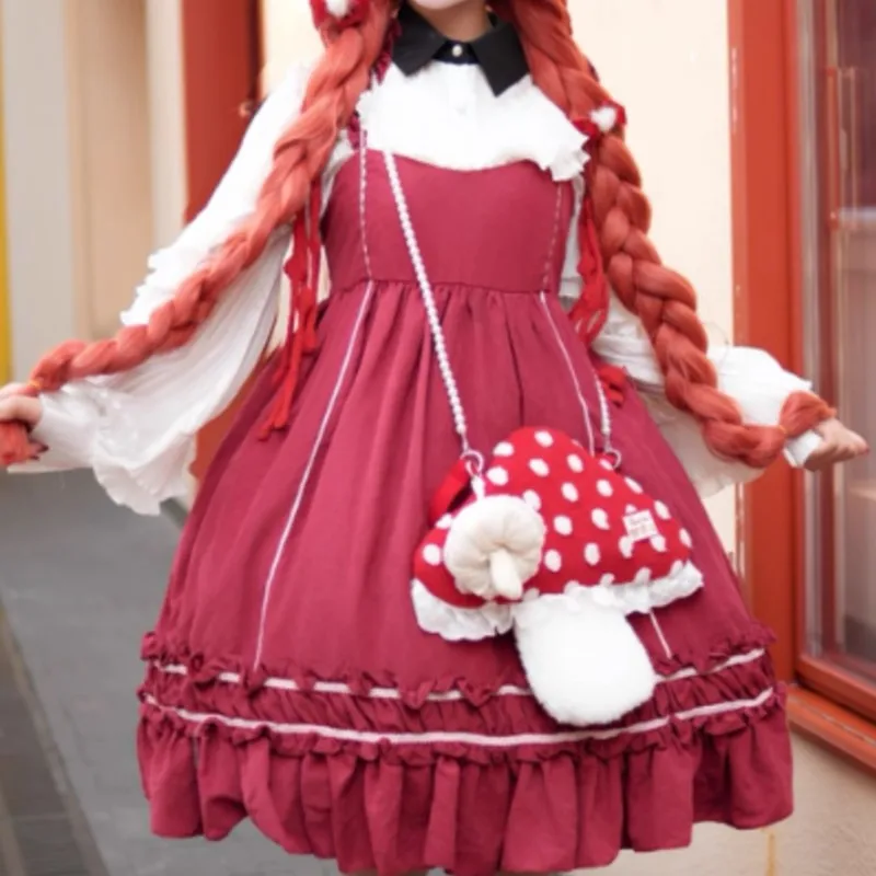 Sweet Cute Red Mushroom Handbag Women Cartoon Shearling Lace Shoulder Bag Ladies Lolita Pearl Chain Polka Dot Mini Crossbody Bag