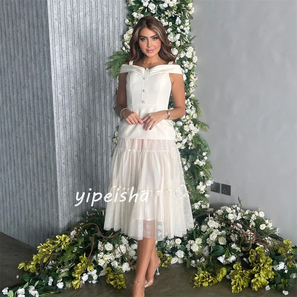 Jersey Sequined Flower Ruched Homecoming A-line Square Neck Bespoke Occasion Gown Midi Dresses