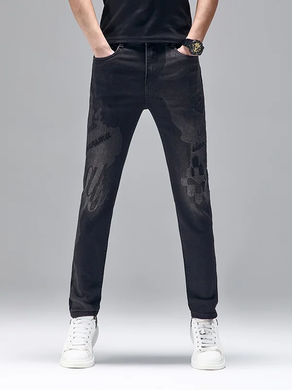 

Trendy Embroidered Printed Slim Fit Men's Jeans Elastic Cotton Denim Casual Wear mid Waist Zipper Closure Wear Resistant