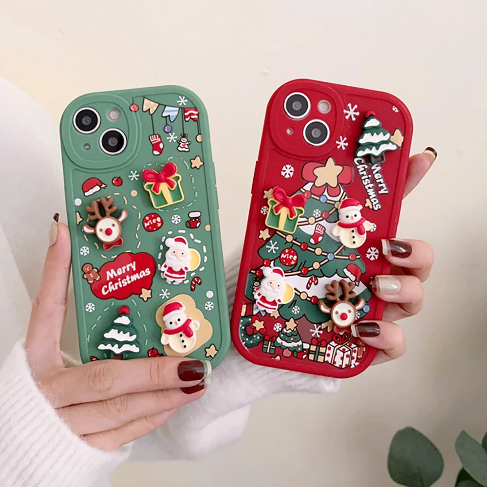 3D Merry Christmas Santa Tree Cute Phone Case for iphone 14 Plus 13 Pro Max 12 11 X XS XR Soft Cartoon Cover New Years Gift