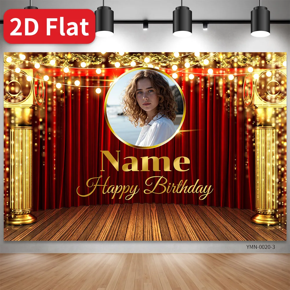 Custom Personalized Photo Text Backdrop Red Curtain Golden String Light Stage Quinceanera Birthday Party Photo Booth Decor