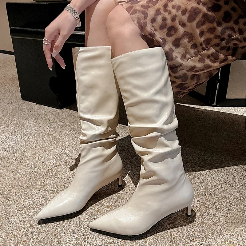 JOZHAMTA Size 34-42 Women Knee High Boots Soft Leather Ruched Thin Mid Heels Shoes Fall Winter 2025 Ins Pointy Office Long Boots